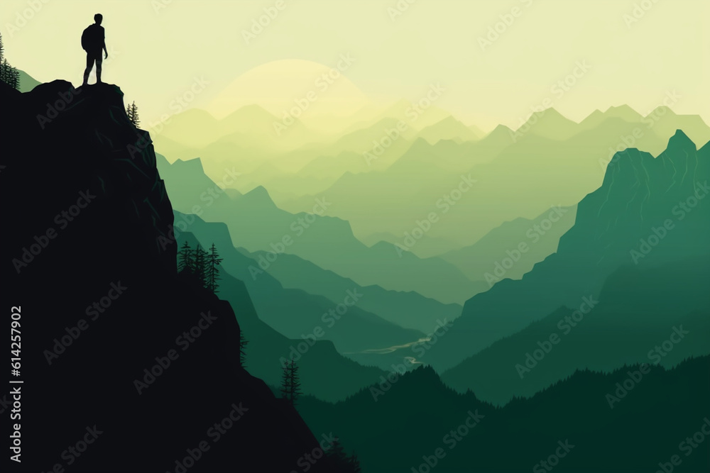 Majestic Summit: Hiker's Silhouette Overlooking Dark Green Landscape