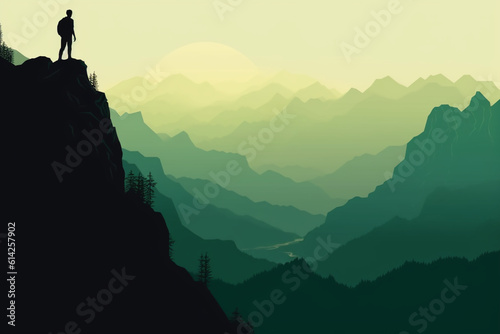 Majestic Summit: Hiker's Silhouette Overlooking Dark Green Landscape © Wemerson