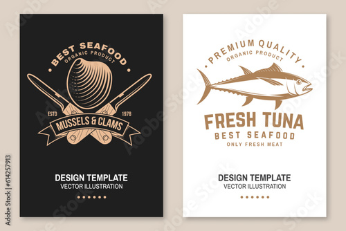 Set of fresh seafood retro poster, banner with tuna, mussels and clams. Vector illustration. For seafood emblem, sign, patch, shirt, menu restaurants, fish markets, stores with tuna, mussels and clams