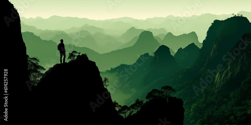 Majestic Summit: Hiker's Silhouette Overlooking Dark Green Landscape