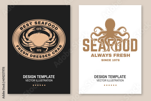 Set of fresh seafood retro poster, banner with dressed crab and octopus. Vector illustration. For seafood emblem, sign, patch, shirt, menu restaurants, fish markets, stores with dressed crab and