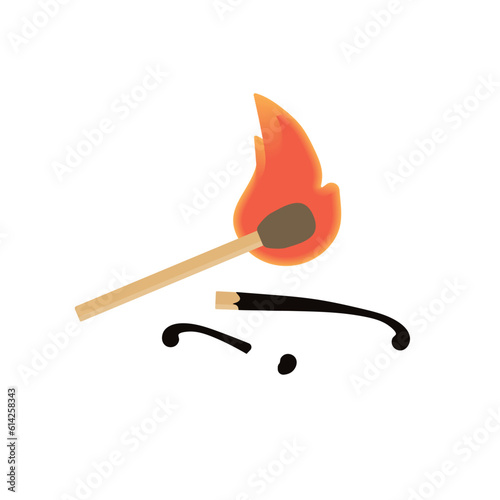 Burning match stick with fire and burned matches. Vector illustration.