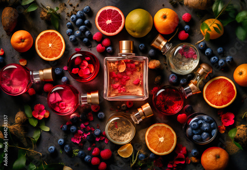 perfume bottles with different fruit and spices