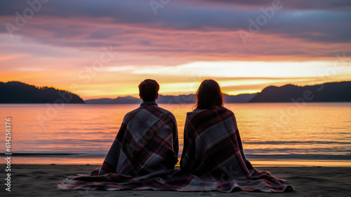 Silhouette of a couple on the beach at sunset, background with copy space