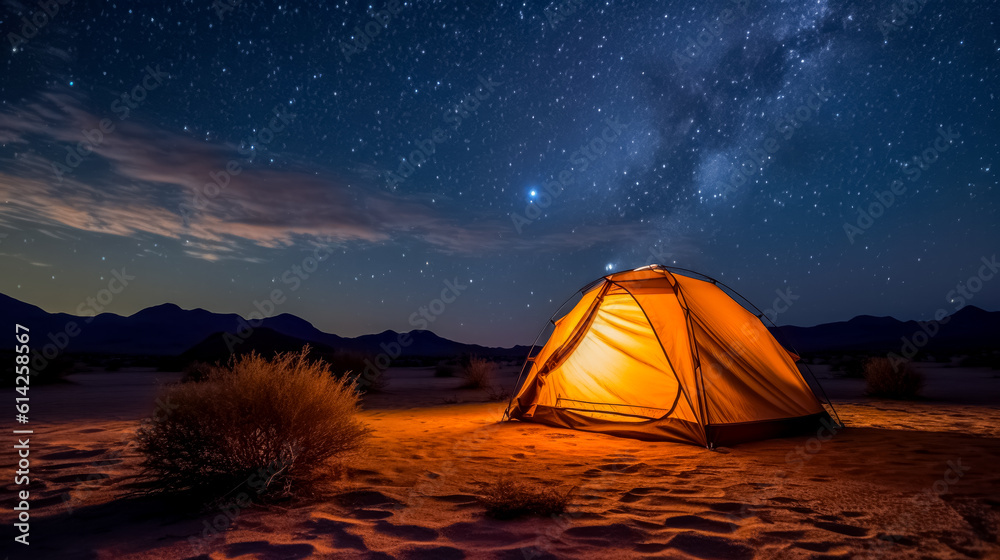 Tent on a glacier during a summer night with stars, copy space, background, Generative AI