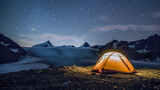 Tent on a glacier during a summer night with stars, copy space, background, Generative AI
