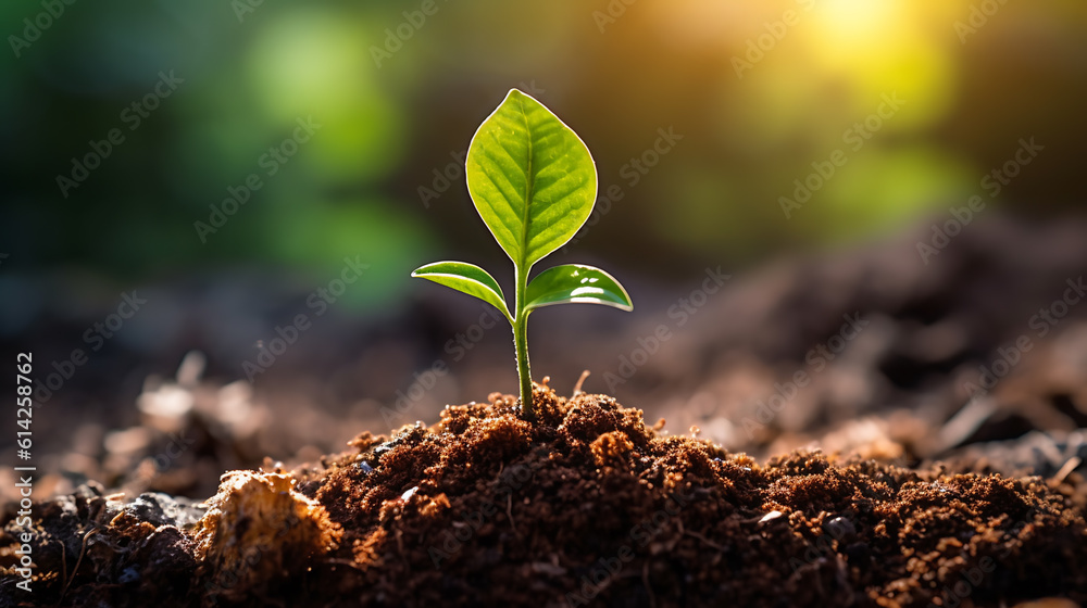 Young green plant is growing from the soil. Created with Generative AI technology. Young green plant is growing from the soil. Created with Generative AI technology.