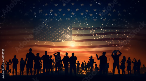Fourth july Independence Day Celebration. Night sky, fireworks and silhouettes of people in the background of the American flag.Created with Generative AI technology.