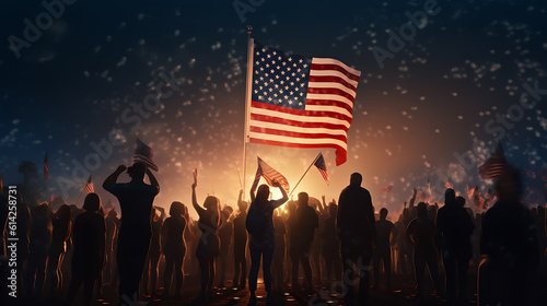 Fourth july Independence Day Celebration. Night sky, fireworks and silhouettes of people in the background of the American flag.Created with Generative AI technology.