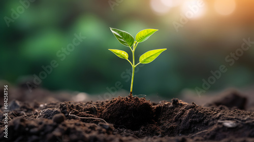 Young seedling is growing from the soil. Created with Generative AI technology.