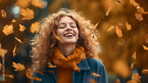 Joyful young woman rejoices in autumn, tossing fallen yellow leaves in the park.Created with Generative AI technology. photo
