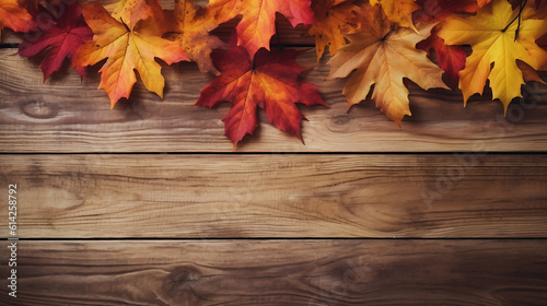 Autumn leaves over wooden background with copy space.Created with Generative AI technology.