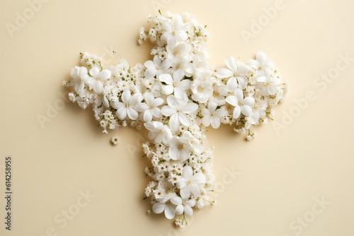 Culture and religion concept. Top view of christian cross made of white flowers blossoms and placed on bright background with copy space. Generative AI