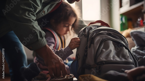 Father helps his schoolgirl daughter pack a backpack for school.Created with Generative AI technology.