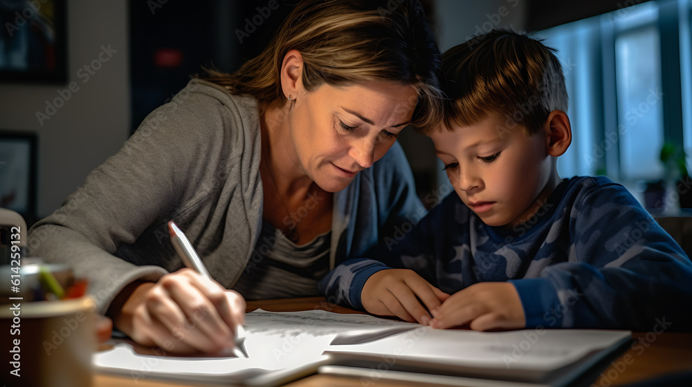 Mother help her daughter with homework .Created with Generative AI technology. Mother help her daughter with homework .Created with Generative AI technology.