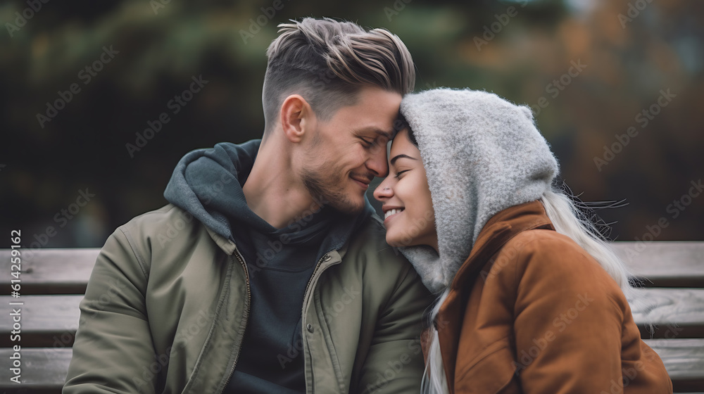 Young couple in love sits on a bench and hugging. Young couple in love sits on a bench and hugging.