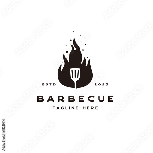 Vintage Hipster Fire and Spatula BBQ, Barbecue Logo Design Vector