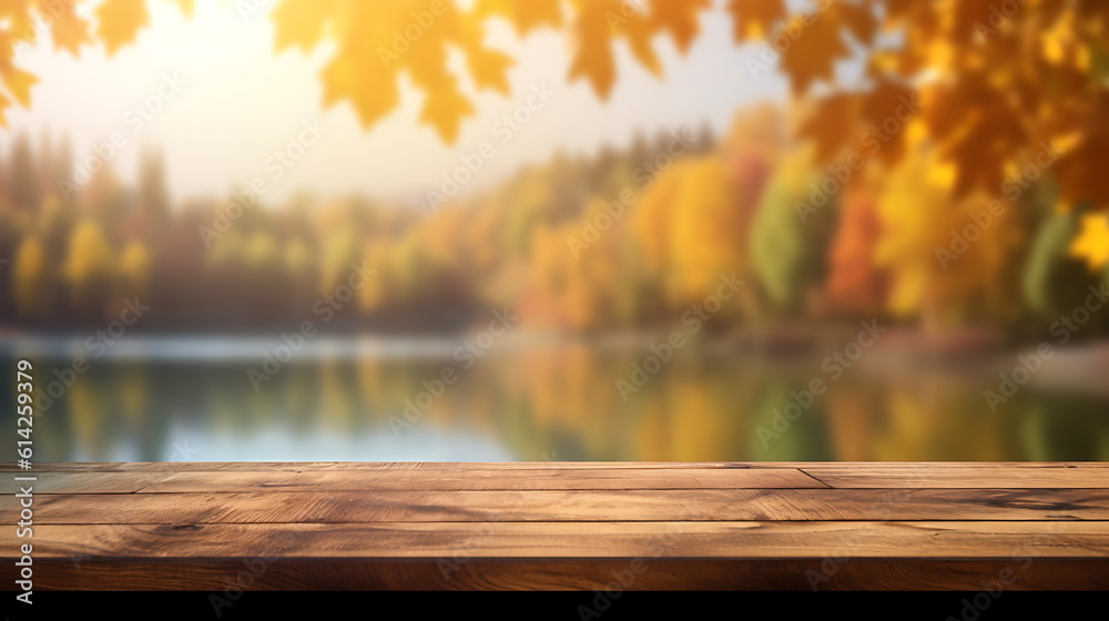 Autumn background, close up of old empty wooden table over the lake with trees and leaves with copy space.Created with Generative AI technology. Autumn background, close up of old empty wooden table over the lake with trees and leaves with copy space.Created with Generative AI technology.