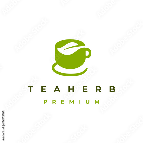 Green Tea Cup with Leaf Logo Design Vector