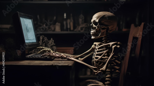 A human skeleton sitting on a chair and staring at a computer screen in a dark room. Work beyond the norm. Generative AI.
