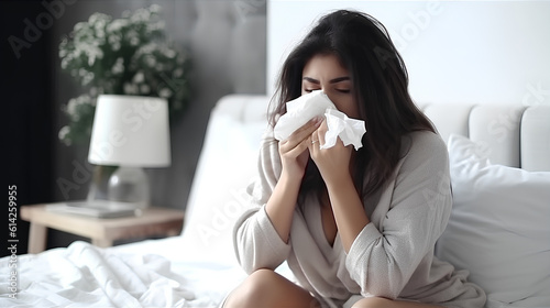 A sick woman coughs, sneezes, sitting in bed at home, blows her nose, suffers from fever, a sick girl feels bad, is fighting the flu, she has a runny nose. Health problems. Generative AI.