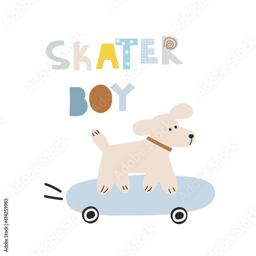 Cute dog on a skateboard. Childish graphic. Vector hand drawn illustration.