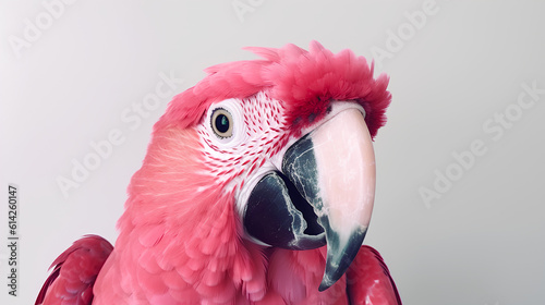Close-up of the head of a beautiful large macaw parrot, with pink feathers, highlighted on a white background. Generative AI. © Свет Лана