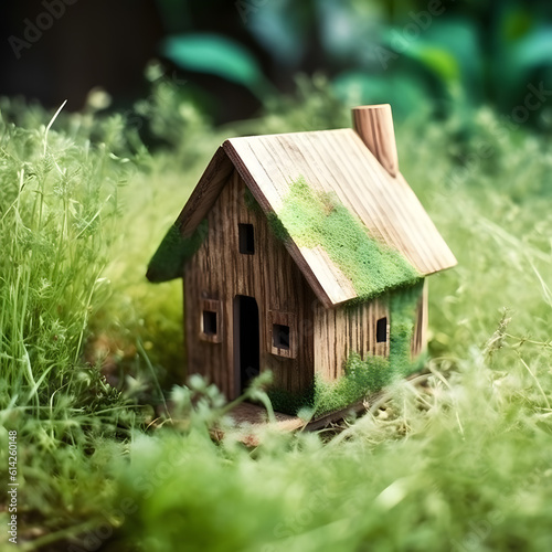 Small Wooden House Nestled on Mossy Ground in a Serene Setting. Generative AI