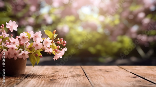 An empty wooden table and blurred flowers in the background. Generative AI.