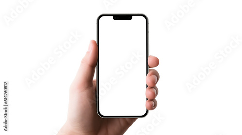 High quality device mockup front view. Woman and man hand holding the black smartphone with blank screen and modern frameless design on white background isolated. photo