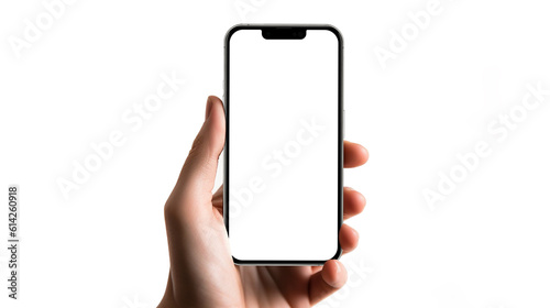 High quality device mockup front view. Woman and man hand holding the black smartphone with blank screen and modern frameless design on white background isolated. photo