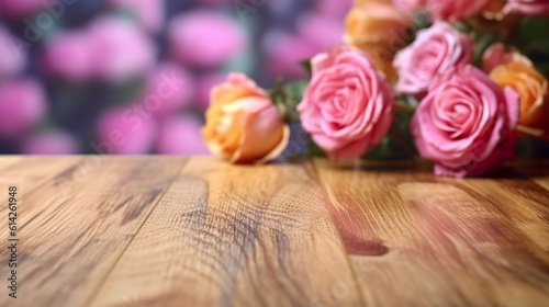 Empty oak wooden table top against an out of focus flowering roses background. A.I. Generated.