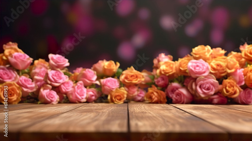 Empty oak wooden table top against an out of focus flowering roses background. A.I. Generated.