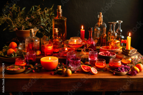 a table with medicinal herbs, candles and oils