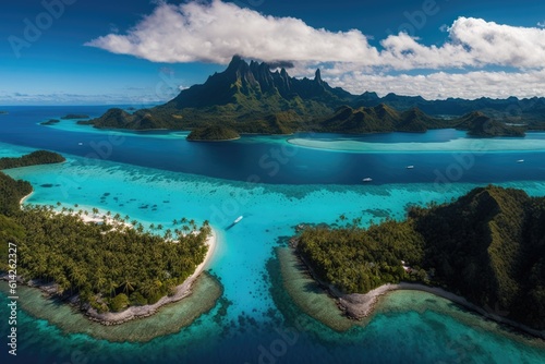 Aerial panorama of Tahiti, French Polynesias Bora Bora island, Matira Point, a luxury resorts overwater villas, and Mount Otemanus breathtaking blue lagoon. Dream vacation. Paradise. Generative AI photo