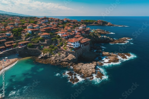 Aerial image of Sozopol, Bulgaria, and the Black Sea. Aerial image from a drone. Summer holidays destination. Generative AI photo