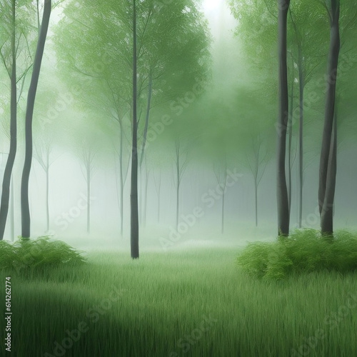 Hopeful landscape  Lush trees emerge from a white CO2 fog  symbolizing positive change in tackling emissions. Nature s resilience inspires renewal and reminds of air purification power.