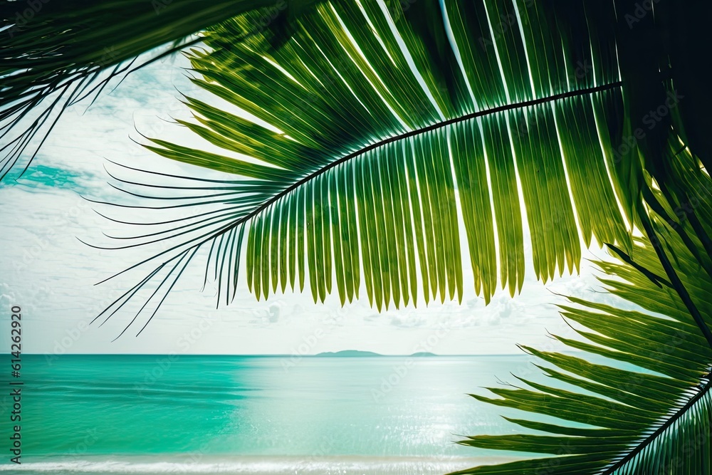 Coconut tree leaf with beach and seascape background in bright tone. Quiet. no one. Calm. Paradise. Holiday and summer vibe. Backdrop that is isolated. Copy space. Beautiful scenic. White sand. Blue Coconut tree leaf with beach and seascape background in bright tone. Quiet. no one. Calm. Paradise. Holiday and summer vibe. Backdrop that is isolated. Copy space. Beautiful scenic. White sand. Blue