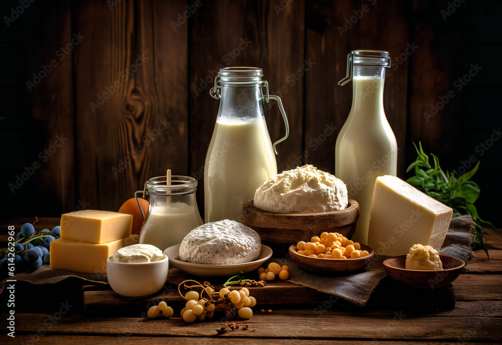 various dairy products on a wooden background various dairy products on a wooden background