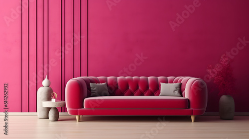 Viva magenta wall background mockup with sofa furniture and decor.