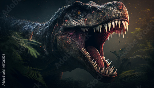 Illustration of a tyrannosaurus rex opening its mouth in the dark © drizzlingstarsstudio