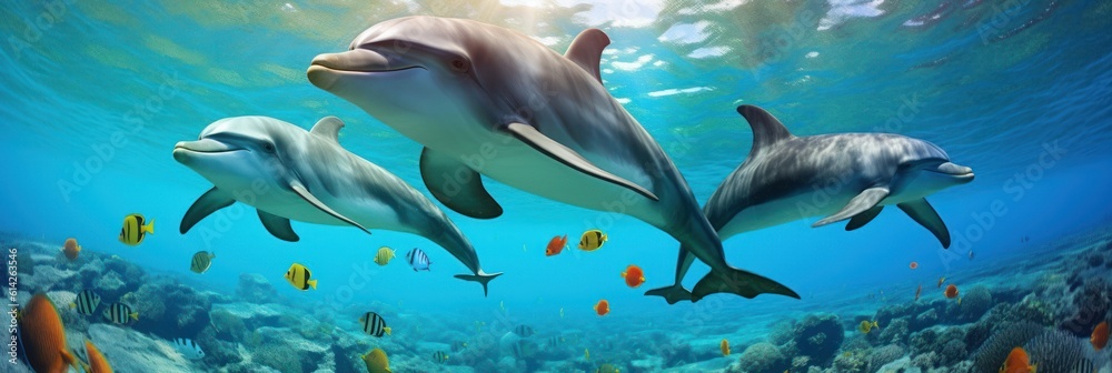 Obraz premium Playful dolphins on a sunny morning. Generative AI