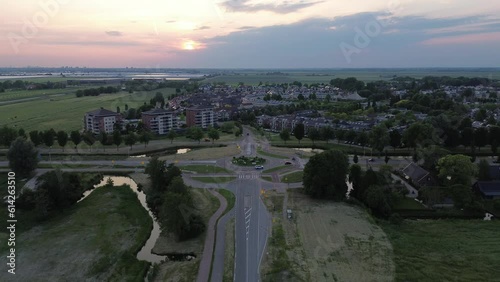 Aerial view of a traffic circle in residential district 