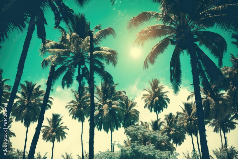 A lovely tropical setting with coconut palm trees and a vintage filter. Generative AI