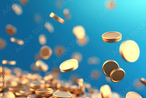 Falling coins money on blue background Generative AI
