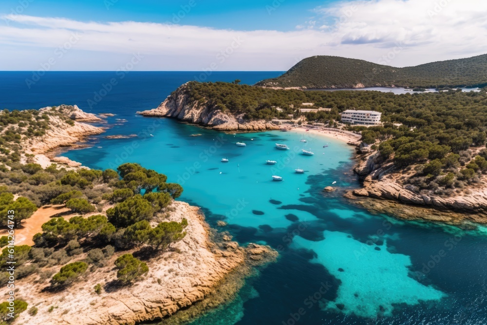 Cala Vadella from the air, Ibiza Islands, Spain. Generative AI