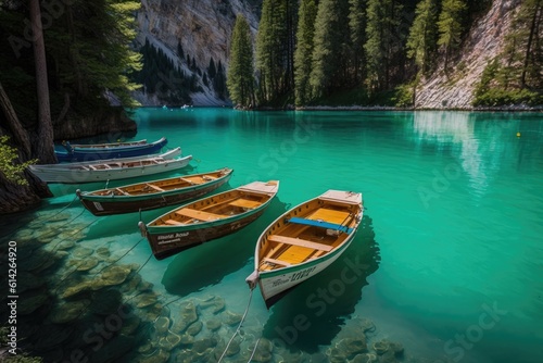 Boats on Braies Lake (Pragser Wildsee) in the Dolomites, Sudtirol, Italy. Generative AI © 2rogan