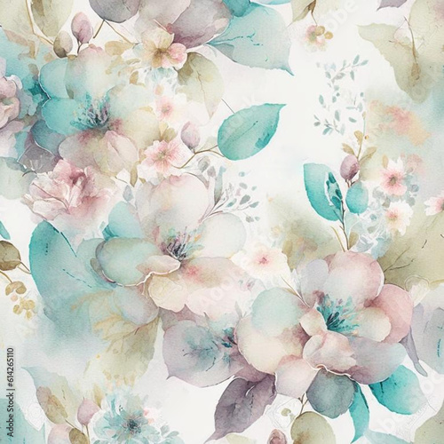 Fototapeta Naklejka Na Ścianę i Meble -  Pastel watercolor flowers with stems and leaves. Watercolor art background.