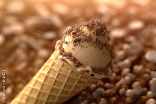 Macro close up of a java chip ice-cream cone, summer feeling background, AI Generative