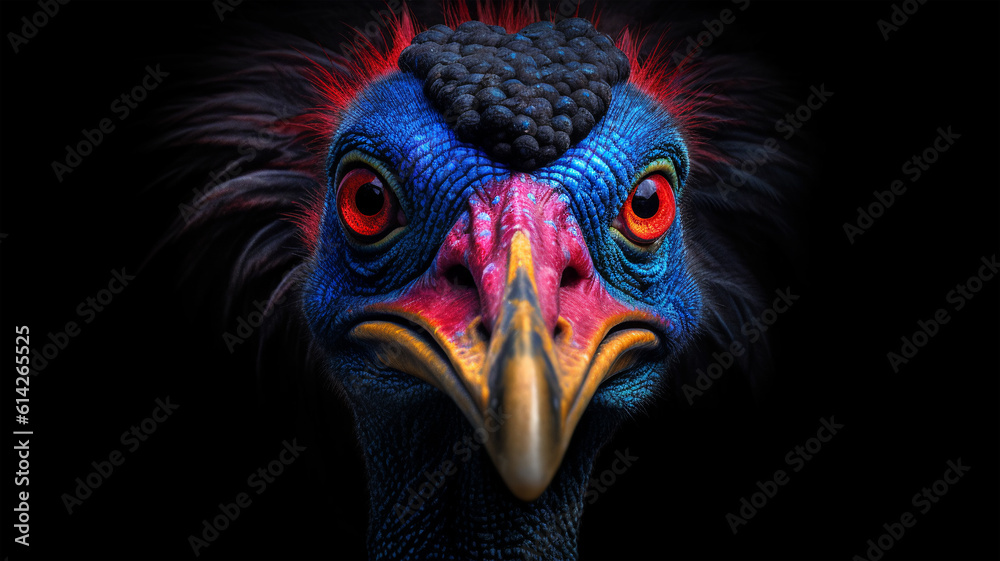 Portrait of a large forest bird with a large beak and a red-blue Cassowary head
